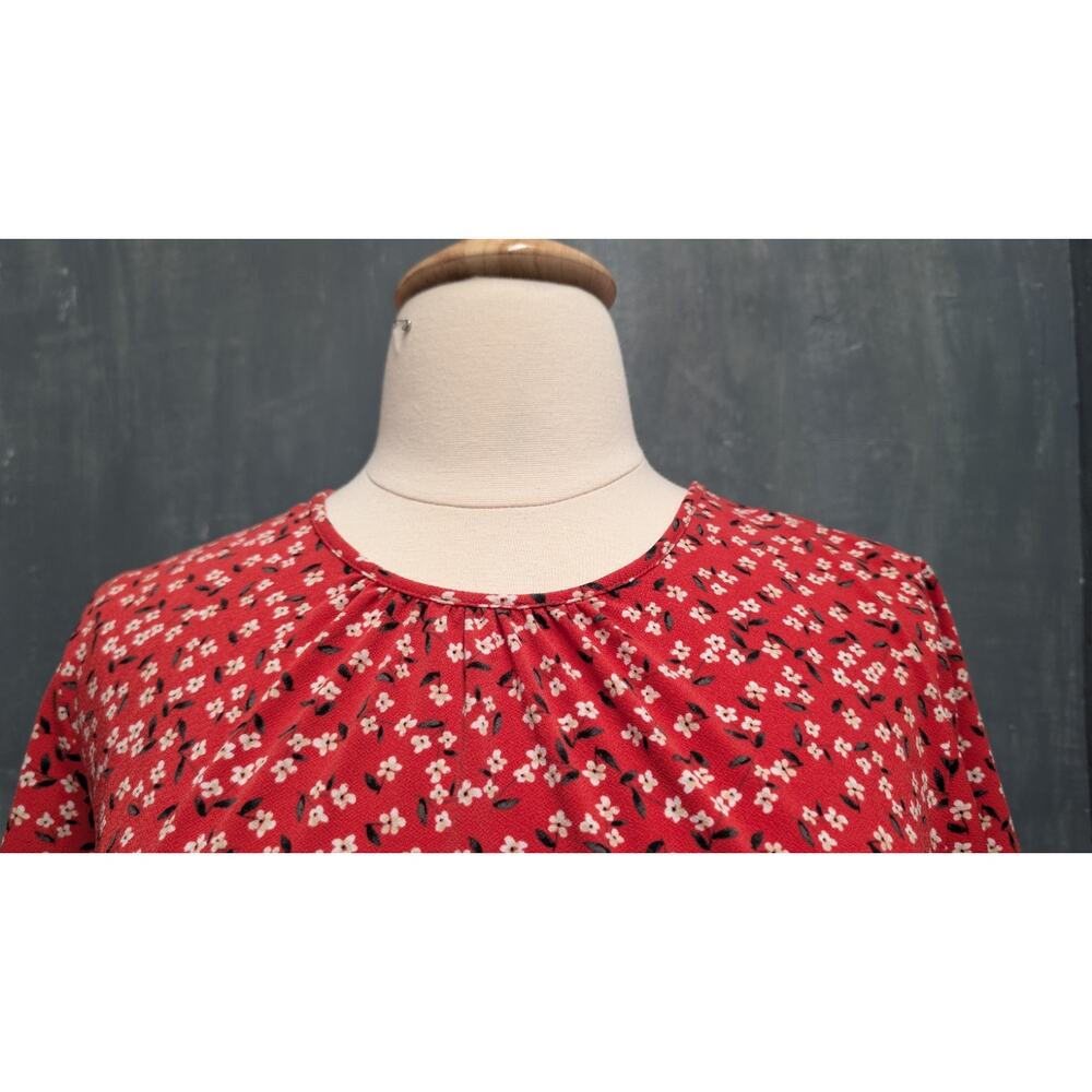 Banana Republic XL Red Ditsy Floral Midi Dress Stretch Knit Ruffle Elastic Waist - Picture 4 of 7